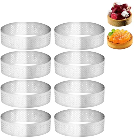 JYNXOR 8 Pièces Ø 8 cm Cercle à Pâtisserie, Cercle à Tarte Anneau à Tarte de PâTisserie Perforé en 430 Acier Inoxydable, Moule à Tartes Pâtisseries Mini Gâteaux Mini Pizzas Muffins