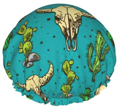 Cute Cactus And Skull Of Bull Print Soft Lined Shower Cap, Double Layer Washable Wide Elastic Band Hair Shower Cap For Bath