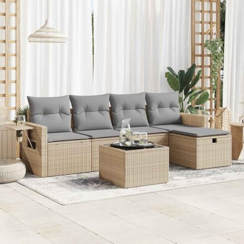 Frdhee Muebles de exterior Balcón Lounge Set de muebles de balcón Conjunto de asientos, 6 piezas. Juego de sofá de jardín con cojín de ratán de poli beige, grupo de asientos para jardín, terraza y