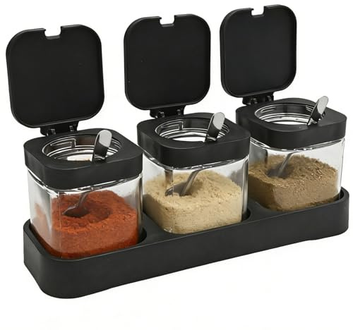 Hoypeyfiy Three-piece Set Black Glass Seasoning Jar with Flip-Top Lids, Minimalist-style Seasoning Jars, Ideal for Storing Condiments in Home and Restaurants