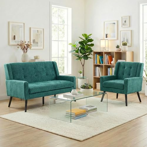 119cm 2-tlg. Sofa Set, Zweisitzer+Einzelsitzer mit Tufting, Leinenstoff | Grün für Wohnzimmer und Büro, tabilen Metallbeinen,Mittelalter-Retro-Stil，Hochdichte-Schaumkissen，Universelle Kompatibilität