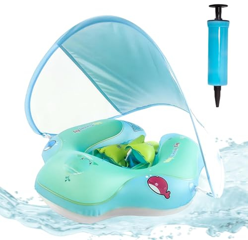 XIMEY Babysimring med solskydd, uppblåsbar babyfloat för nyfödda 3–72 månader, poolflöte med säkerhetsbälten och luftkammare, UV-skydd för hav och pool (L, L)