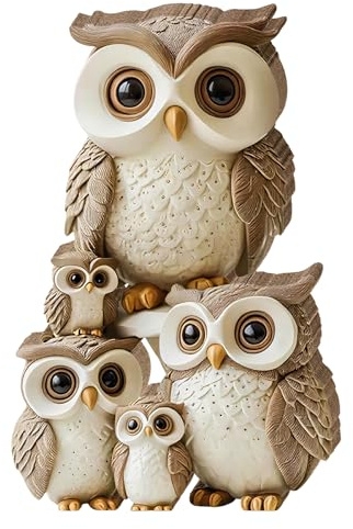 Eule Deko Holz, 2D Flache Holzfigur Eulen Familie mit 5 Eulen, Gemütliche Holzskulptur für Schlafzimmer Wohnzimmer Bücherregal, Glücksbringer Deko Figuren Geschenk für Eulenliebhaber Vogelliebhaber