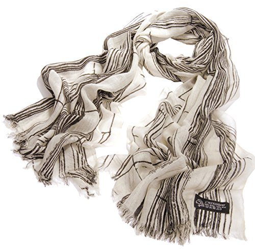 Nella-Mode XXL Exclusiver Hauchzarter Wollschal (195x72 cm inkl Fransen); Extra Feiner & weicher gewebter Schal Tuch Stola aus 100% Wolle in modernem Strichmuster weiss (naturweiss) / schwarz