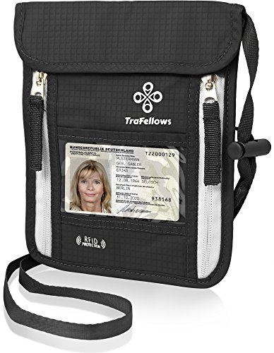TraFellows Premium-Brustbeutel mit RFID-Blocker für Damen & Herren | Leichte Brustbeutel-Tasche für maximale Sicherheit für Smartphone & Reise-Dokumente (Schwarz)