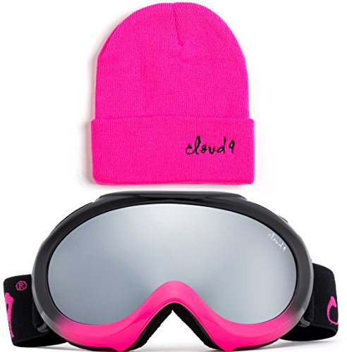 Kids Boys Girls Snow Goggles Anti-Fog Dual Lens UV400 Ski Goggles Black/Hot Pink with Hot Pink Beanie Hat