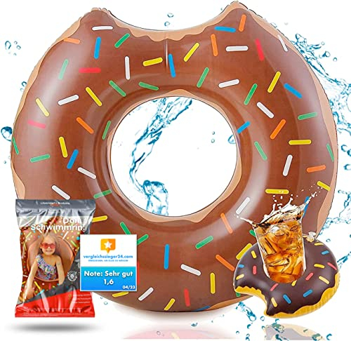 Aufblasbar Donut Schwimmring braun Ø 120 cm mit Biss - Schwimmreifen Pool & Wasser, mit je Getränkehalter für Erwachsene & Kinder