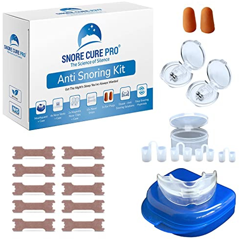 Anti Snore Devices Kit | 1 Mouth Guard | 10 Nasal Strips | 4 Nose Vents | 2 Nose Clips | Ear Plugs | Custom Stop Snoring Hypnosis Recording + Ebook | Premium Snoring aids for Men & Women