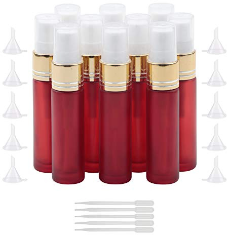 Ellbest 10ml Empty Essential Oils Mist Spray Glass Bottle Gradient Color Refillable Container for Perfume, Massage, Cleaning Products (10 Matte Red Bottles &5 Droppers &10 Funnels)