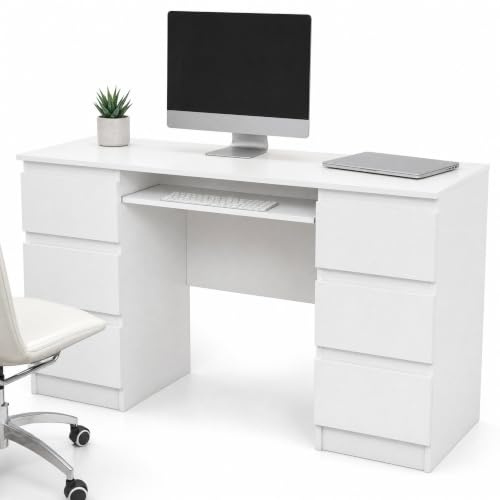 WHATSIZE ENTERPRISE Kuba Computer Desk with 6 Drawers and Keyboard Tray, Large Home Office Desk with Storage, Study Desk for Home Office, Matt White