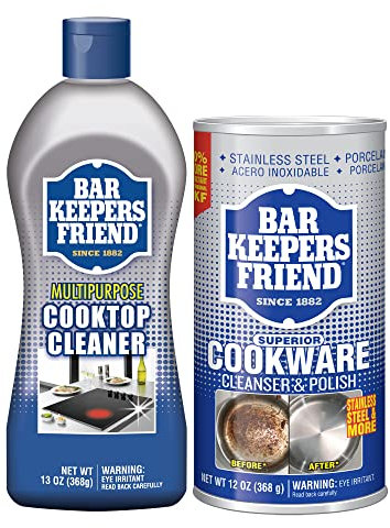 Bar Keepers Friend Cooktop Cleaner (13 oz) Multipurpose Liquid Stovetop Cleanser + Cookware Cleanser & Polish (12 oz) Stainless Steel Cleaner & Degreaser for Pots, Pans, Bakeware & Grills