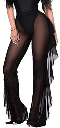 SANSIWU Women's Sheer Mesh Ruffle Pants Swimsuit Bikini Bottom Cover up Party Club Elastic High Waist Wide Leg Beach Pants (A-Black, Small)