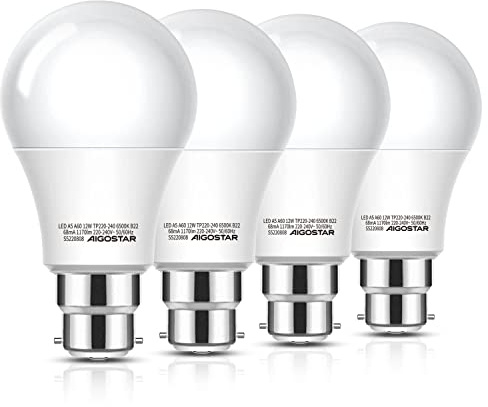 Aigostar Bayonet Light Bulbs 81W Equivalent, 12W 1170lm Super Bright LED Bayonet Bulb Cool White 6500K, Daylight B22 LED Bulbs, BC GLS Energy Saving Lightbulbs Bayonet, 4 Pack