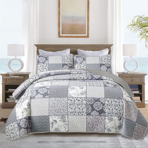REJOON 3-teiliges, leichtes, graues Patchwork-Steppset mit Blumenmuster, Kingsize-Bettdecke, Elegante böhmische Tagesdecke mit 2 Kissenbezügen for alle Jahreszeiten (Color : Grey, Size : King)