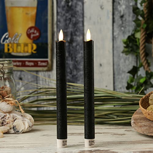 MARELIDA LED Stabkerzen Dinnerkerzen Tafelkerzen Echtwachsskerzen flackernde warmweiße Flamme Timer 2er Set (25cm, schwarz)