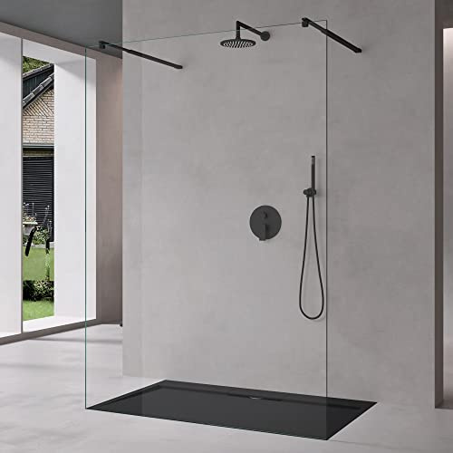 Mai & Mai Box Doccia Walk-In 110x200cm, Parete Doccia in Vetro Trasparente 10mm Vetro di Sicurezza ESG con 2 Bracci Sostegni Telescopici MMBR3 Nero
