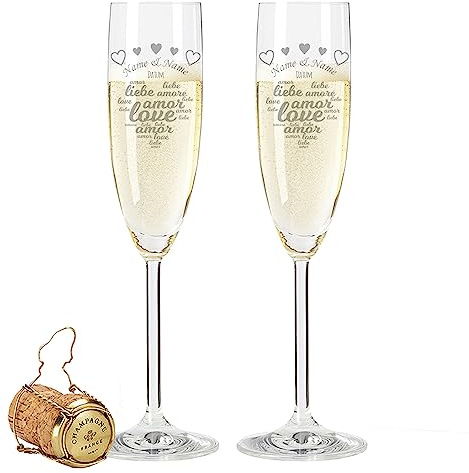 Leonardo Verre à champagne – Design Amore – Personnalisé avec nom et date – Cadeau de mariage, fiançailles et anniversaire ou Saint-Valentin – Un cadeau de mariage parfait – en kit