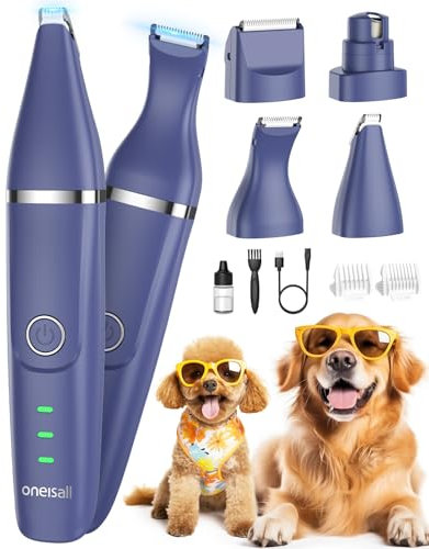 oneisall 4in 1 Leise Schermaschine Hund Katze, Wiederaufladbar Hundeschermaschine & Pfotentrimmer & Krallenschleifer mit 4 Multifunktions-Schneidköpfen für Körper, Pfoten, Augen, Ohren, Gesicht (Lila)