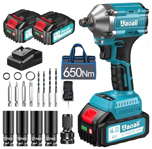 Uaoaii Avvitatore a impulsi a batteria da 650 N.m, 2 pezzi da 4000 mAh e caricatore rapido, avvitatore a percussione con 5 ugelli a percussione e 8 punte, avvitatore a percussione per auto e uso