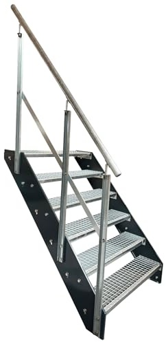 Kaminbau Mierzwa Premium Stahl Treppe mit verzinktem Geländer Links/Wangen Anthrazit RAL 7016/6 Stufen verzinkt (Breite 1200 mm) (Höhe 114 cm) Wetterfest Gitterroststufe Gartentreppe