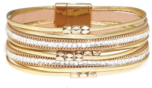 Rumnoke Leather Wrap Bracelets for Women Multilayer Wristband Braided Rope Cuff Bangle Crystal Gold