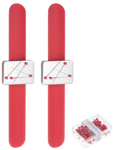 QUARKZMAN 2 Stück Magnetischer Nadelhalter Armband Nähnadelkissen Silikon Armband mit 100 Kunststoffkopfnadeln für Nähen Quilten Haarspangen, Rot