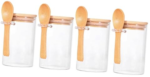 LeeQinersw Pots en verre avec couvercles en bambou et cuillère-récipients avec couvercles en verre, petits pots à épices transparents pour le stockage du sucre et du café, paquet de 4