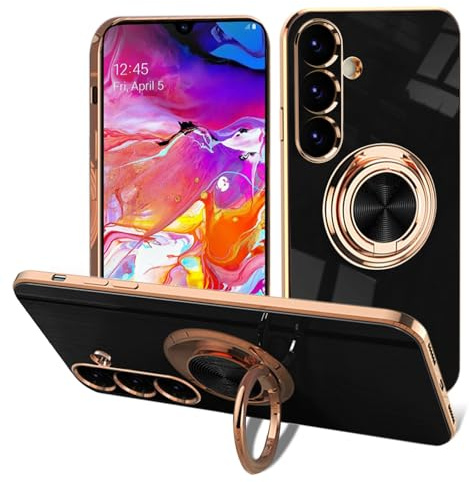 EYZUTAK Electroplated Magnetic Ring Holder Case for Samsung Galaxy A55 5G, 360 Degree with Rotation Metal Anti-fall Finger Ring Holder Magnet Car Holder Slim Soft Silicone Shockproof Cover - Black
