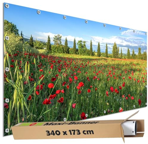 TRIOSK Sichtschutz Garten Dekoration Plane groß mit Natur Motiv Mohn Blumen Feld Wiese Motivbanner blickdicht für Terrasse Zaun Gartenzaun Gartenposter PVC Zaunblende 340x173 cm