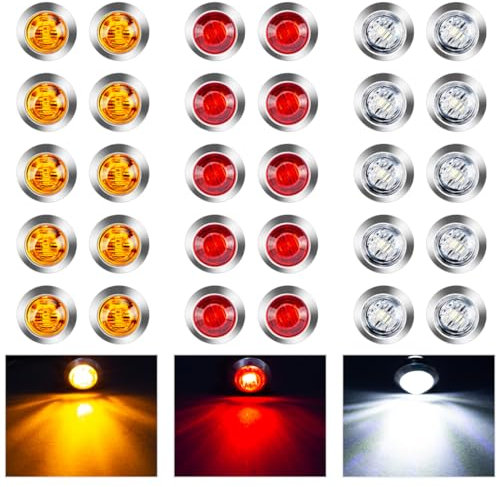 LeKaufen Luces laterales LED redondas para coche, 30 unidades, 1,9 cm, luces delimitadoras para remolque, luces de posición de 12 V/24 V, luz de advertencia (10 naranjas, 10 rojas y 10 blancas)