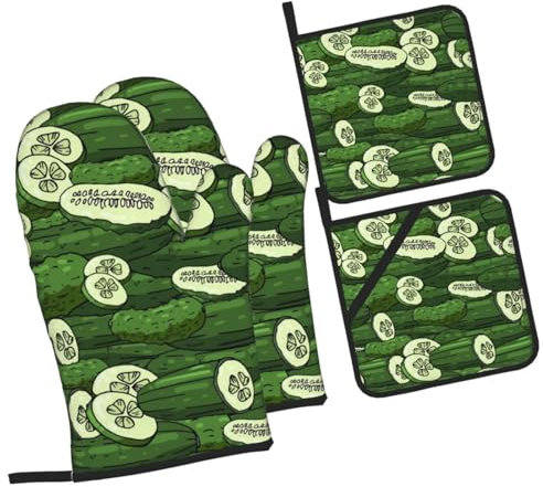 4 Pezzi Guanti da Forno E Set di Presine Cucumbers And Cucumber Slices Guanti da Cucina Divertenti Guanti da Barbecue Resistente al Calore Guanti da Forno per BBQ, Grill, Campeggio