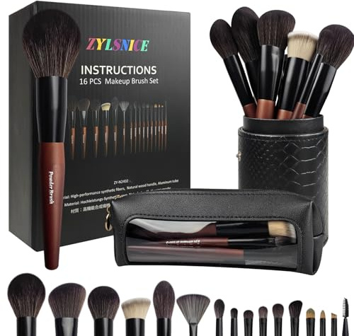 Makeup Brushes 16 Pcs Makeup Brush Set Professional, Wood Handle Travel Make Up Brushes Set with Case, Premium Cruelty-Free Synthetic Fiber Hair Makeup Brush Kit with Holder