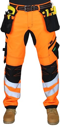 HASHOOB TRADING FZE Pantalon de travail haute visibilité pour homme Multi poche avec bande réfléchissante Cargo Pantalon de travail, Orange, 34W / 30L