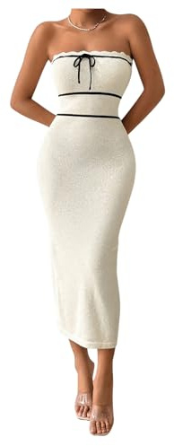 SweatyRocks Damen Tube Kleid Trägerloses Midikleid Ärmellos Sommerkleid Bandeau Schulterfrei Bodycon Freizeitkleid Kleid mit Konten Aprikosenfarben XS