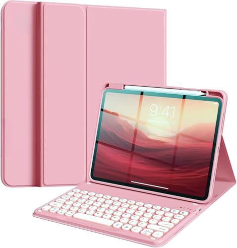 NUWONAYA Round Keys Keyboard Case for iPad 9th/8th/7th Generation/Air 3/Pro 10.5,Cute Color Folio Stand Cover with Upper Pencil Holder and Magnetic Detachable Wireless Keyboard，Pink