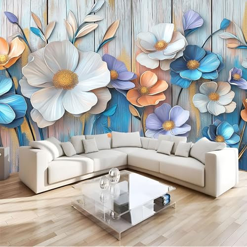 JEDTAKCT Papier Peint Panoramique Nature 300X210Cm - Revêtement Mural Décoration Salon - Design Moderne - Fleurs En Trois Dimensions - Vieux Panneau De Bois Déco Nature Plantes Tableaux Muraux