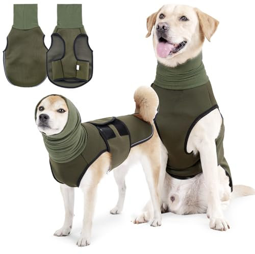 Beruhigungsweste für Hunde mit Kapuze & Reflektorstreifen – Weich & Verstellbar Atmungsaktiver Hundemantel zur Stressreduktion bei Feuerwerk, Gewitter & Reisen (Armeegrün, XL)