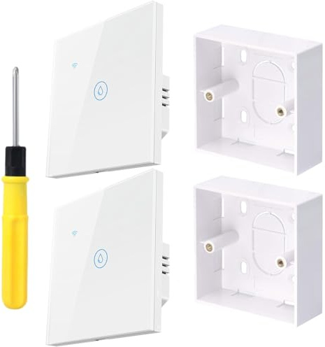 Acmerota Smart Immersion Heater Timer Switch 20A Smart Wall Timer Switch, 2 Pack White Electric Towel Rail Smart Switch, Compatible for Alexa & Google Assistant with 43mm Deep Box