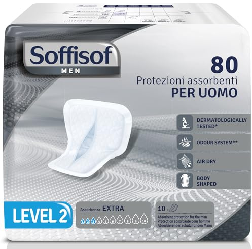 Soffisof Men Level 2 Inkontinenzeinlagen für Männer - 80x Hygieneeinlagen - 8 Packungen mit 10 Einlagen, 3 Tropfen - leichte Inkontinenz