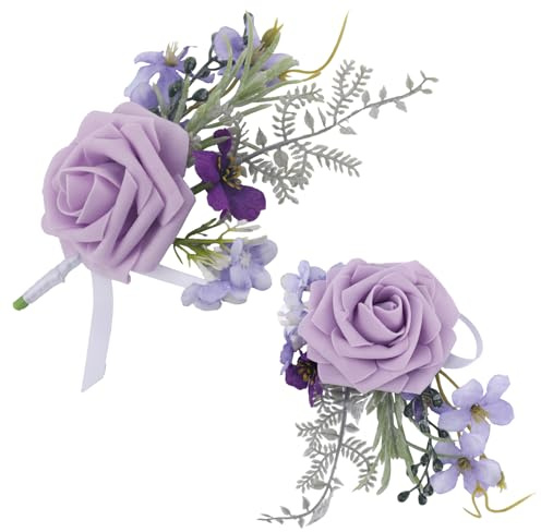 lasuroa Ensemble Corsage et Boutonnière, Corsage de Poignet Violet et Boutonnière Élégant Fleurs de Mariage pour la Mariée Marié Mariage Retour à la Maison Bal Fin d'Année