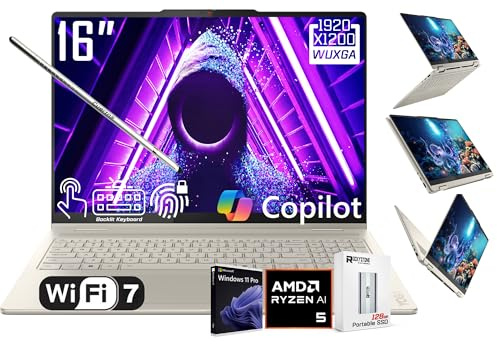 Lenovo Yoga 7 2-in-1 AI PC Copilot Laptop, 16 2K LCD Touchscreen, AMD Ryzen AI 5 340, AMD Radeon 840M, 16GB LPDDR5X, 1TB SSD, WiFi 7, retroilluminato KB, impronte digitali, webcam 1080P, W/128 PSD
