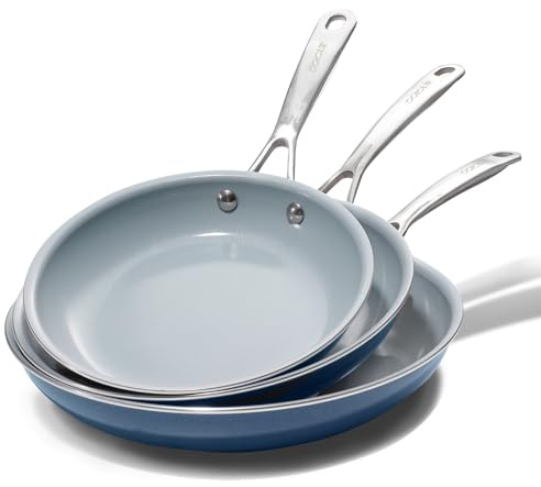 Coicur Nonstick Ceramic Frying Pans 8 9.5 11 Ceramic Skillets Set with Stainless Steel Handle Omelet Pans Healthy Cooking Chef Pans, PFOA Free, Navy Blue