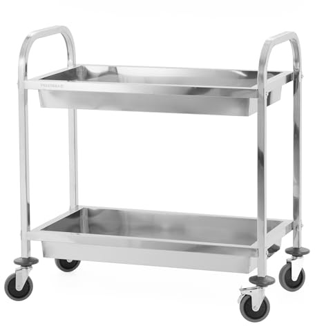 TECHNICA Prestona Servierwagen Edelstahl 2 Etagen | mit Rollen & Bremse Quadratischer Griff Tiefe Regale 850x450x900mm Rollwagen Küche Gastronomie Transportwagen leise & stabil