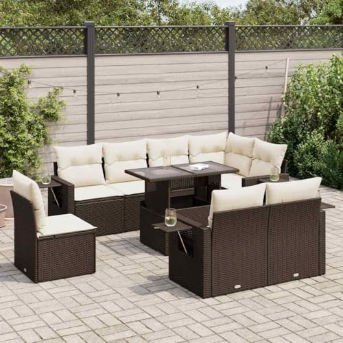 QJBSAVVA 9-teilige Gartenlounge aus braunem Poly-Rattan mit stufenverstellbarer Glas-Tischplatte 100x55 cm platzsparendes Balkon-Set mit Stauraum für Garten Terrasse und kleine Balkone