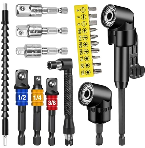 20-Teilig 105° Winkelschrauber Aufsatz Set, Winkelbohraufsatz & Winkelaufsatz für Akkuschrauber mit Verlängerung, Winkel Schraubendreher & Winkelgetriebe für Akkuschrauber, Biegsame Welle für Winkelb