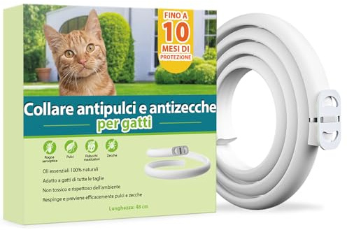 Collare Antiparassitario per Catti, Sicuro ed Efficace Antipulci Gatto, realizzato con Oli Essenziali Naturali, Adatto a Gatto di Piccola, Media e Grande Taglia, Efficace per 10 Mesi (48cm)