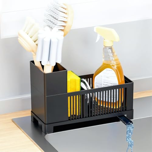 BEJAGWUS Spülbecken Organizer Automatischer Abfluss mit Küchenutensilienhalter Schwammhalter Abflusspfanne,Spüle Sink Waschbecken Organizer,Multifunktionaler Organizer Küchen & Badezimmer (B)