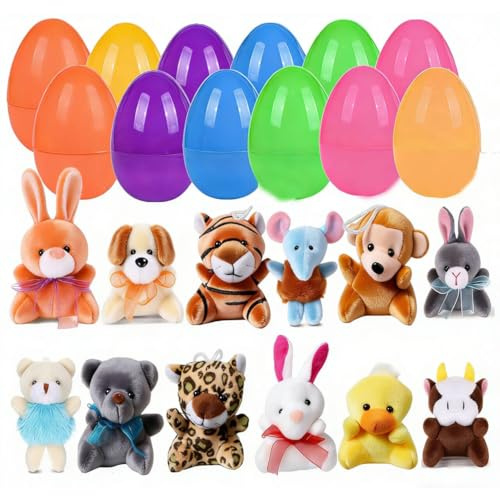 Twshiny 12 Pcs Prefilled Easter Eggs with Plush Animals, Plastic Easter Eggs Filled with Mini Stuffed Animal Plush Toys, Easter Basket Stuffers for Boys Girls Toddlers, Egg Hunt, Classroom Prizes