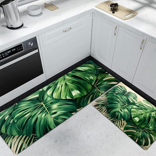 Set di 2 tappeti da cucina Verde con Foglie tropicali, tappetini da cucina Grandi foglie di Monstera, per lavanderia soggiorno Corridoio, tappeti da cucinas, 40x60cm+40x120cm
