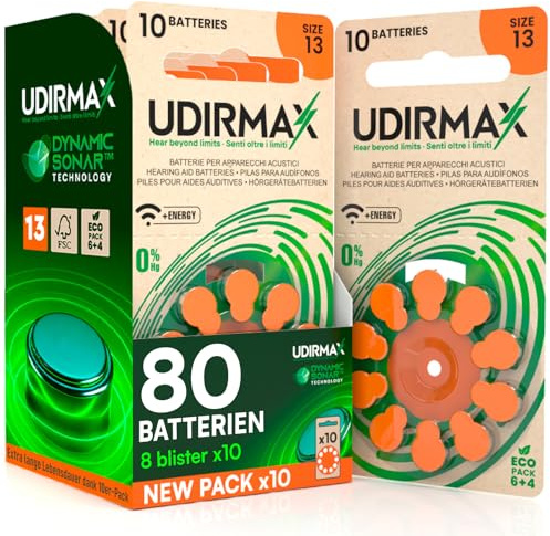 80 Batterie per Apparecchi Acustici PR48 Misura 13 (Arancioni) Pile Udirmax - Zinco-Aria 0% Mercurio 1,45V e Tecnologia Dynamic Sonar - Eco Pack 8 Blister Ecologici da 10 Pile